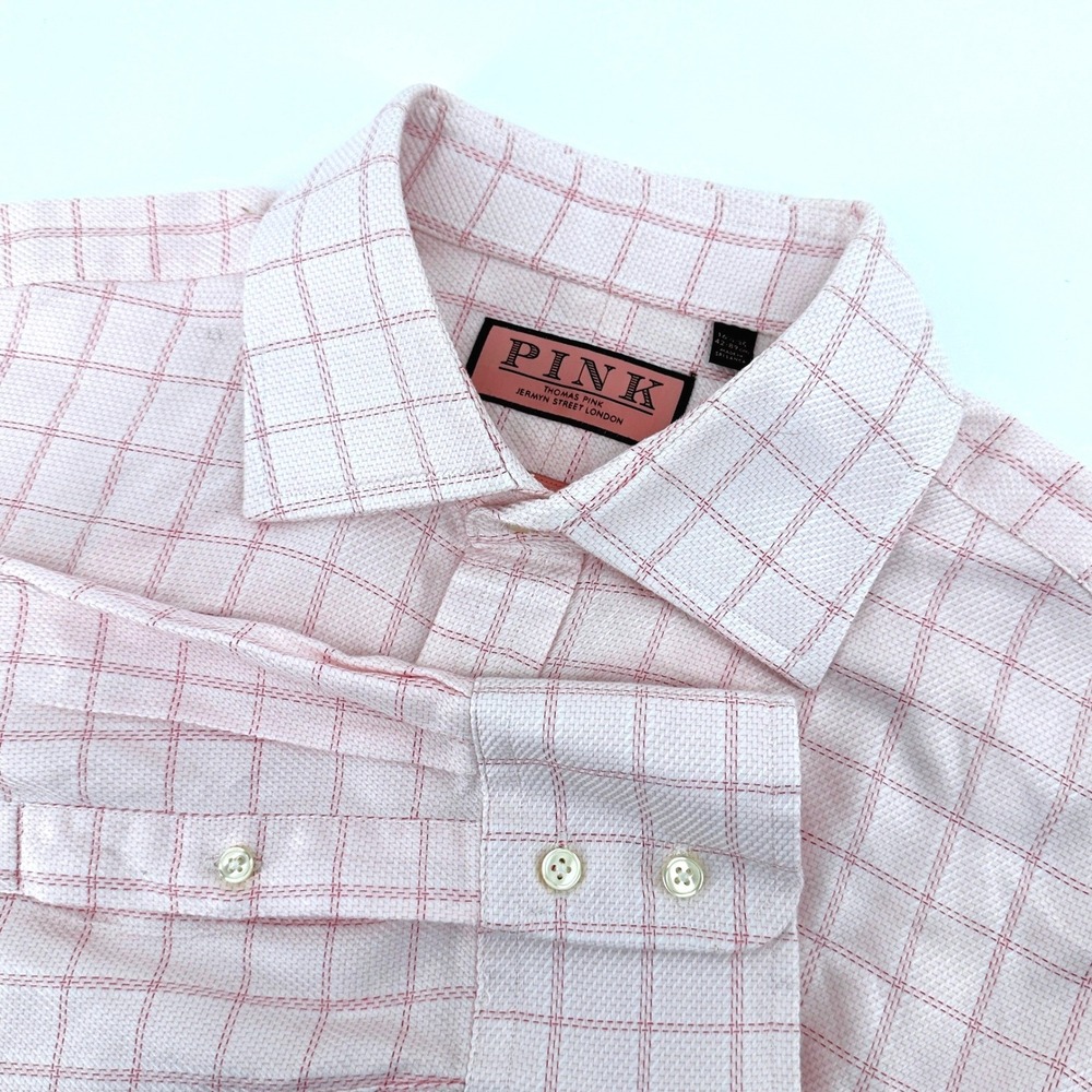 Thomas Pink Shirt Mens 16.5-35 Pink White Grid Check Classic Fit Prestige Y2K